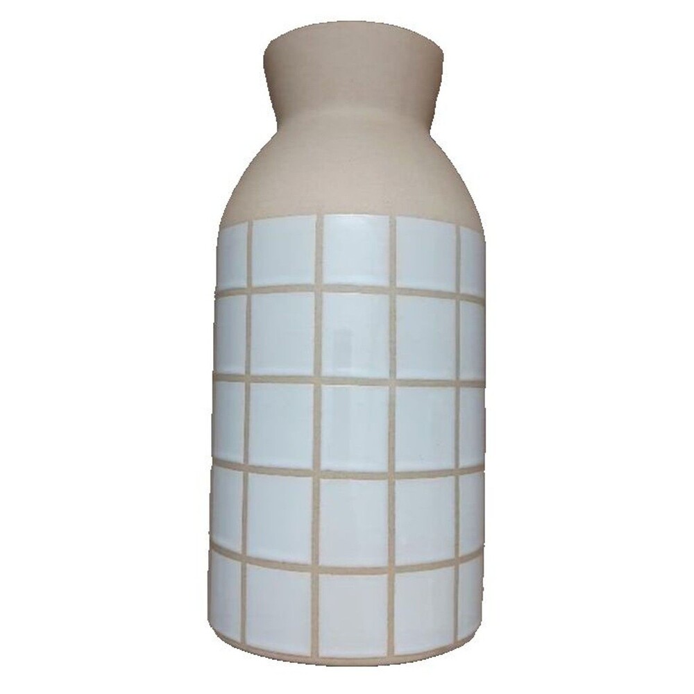 Old East Main Co Flower Market Ceramic Container Vase Jar Tan White Square Grid
